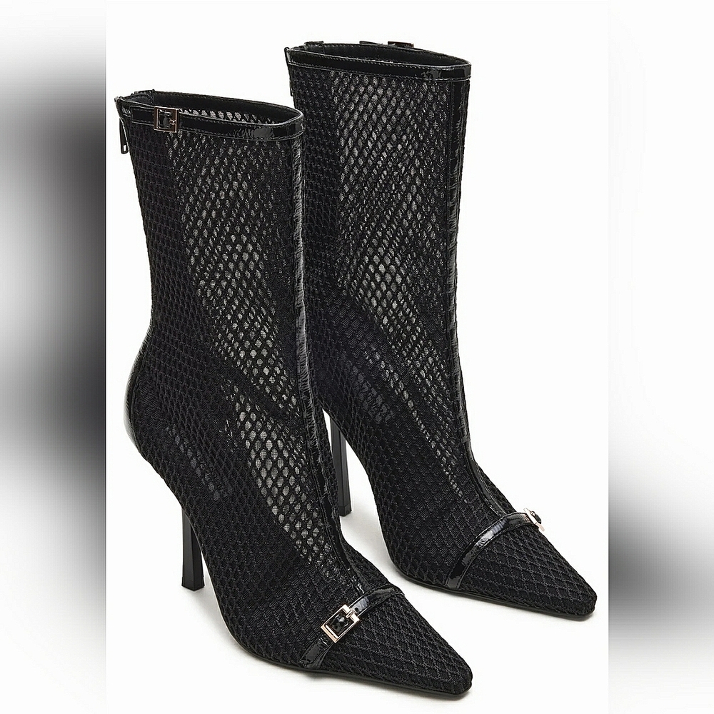 Steve MADDEN Black Stiletto  Gold Buckle Mesh Pointed Toe Stylish Booties